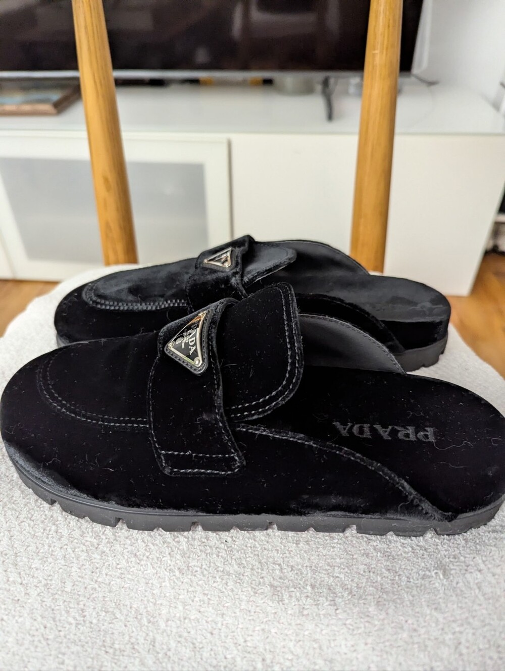 Prada Velluto Triangle Flat Mules